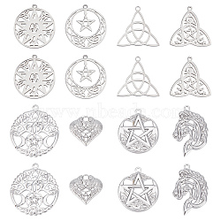 DIY 16Pcs 8 Style Rack Plating 304 Stainless Steel Pendants, Flat Round with Star & Horse & Trinity Knot, Stainless Steel Color, 19~33.5x20.5~31.5x1.5~2.5mm, Hole: 1.4~2mm, 2pcs/style(STAS-SC0004-81)