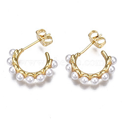 Brass Half Hoop Earrings, with ABS Plastic Imitation Pearl and Ear Nuts, Nickel Free, Letter C Shape, White, Real 16K Gold Plated, 17x3.5mm, Pin: 0.7mm(EJEW-T014-59G-NF)