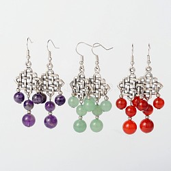Dangling Tibetan Style Alloy Natural & Synthetic Mixed Stone Chandelier Earrings, with Brass Earring Hooks, Mixed Color, 65mm, Pin: 0.7mm(EJEW-JE01564)