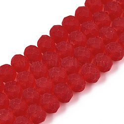 Transparent Glass Beads Strands, Faceted, Frosted, Rondelle, Crimson, 8mm, Hole: 1mm, about 64~65pcs/strand, 40~41cm(EGLA-A044-T8mm-MD01)