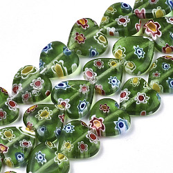 Handmade Millefiori Lampwork Beads Strands, Heart, Medium Sea Green, 11~12x12x4~5mm, Hole: 1mm, about 32~33pcs/strand, 12.72 inch~13.78 inch(32.3~35cm)(X-LAMP-N023-001F)
