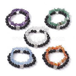 2Pcs 2 Styles Natural Lava Rock & Mixed Gemstone Chips Stretch Bracelets Set, Saint Benedict & Cross Alloy Stackable Bracelets, Inner Diameter: 2-1/8~2-1/4 inch(5.5~5.7cm), 1Pc/style(BJEW-JB10179)