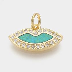 Brass Micro Pave Cubic Zirconia Charms, with Jump Rings & Resin, Lip, Clear & Dodger Blue, Golden, 8.5x15.5x2mm, Hole: 3mm(ZIRC-Q018-045G)