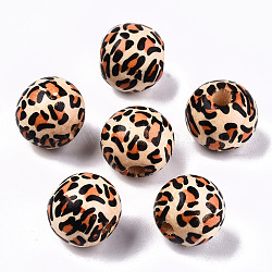 Printed Natural Wooden Beads, Round with Leopard Print Pattern, Peru, 13x12mm, Hole: 3mm(X-WOOD-R270-05)