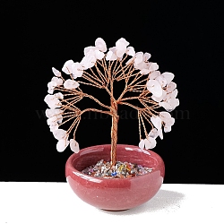 Natural Rose Quartz Chips Tree of Life Decorations with Bowl Base, Copper Wire Feng Shui Energy Stone Gift for Women Men Meditation, 80~100mm(PW-WG1DC7A-03)