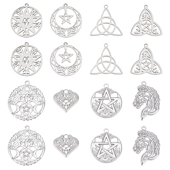 DIY 16Pcs 8 Style Rack Plating 304 Stainless Steel Pendants, Flat Round with Star & Horse & Trinity Knot, Stainless Steel Color, 19~33.5x20.5~31.5x1.5~2.5mm, Hole: 1.4~2mm, 2pcs/style