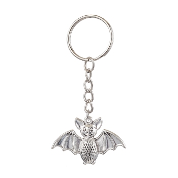 Bat Alloy Pendant Keychain, Halloween Theme, with Iron Split Key Rings, Antique Silver & Platinum, 8cm