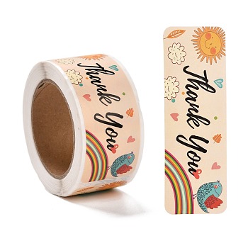 Rainbow Pattern Paper Gift Tag Stickers, Rectangle with Word Thank You Adhesive Labels Roll Stickers, for Party, Decorative Presents, PeachPuff, 2.8cm, about 120pcs/roll