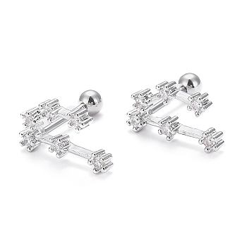 Brass Micro Pave Clear Cubic Zirconia Stud Earrings, with 304 Stainless Steel Pin and Ear Nut, Constellation/Zodiac Sign, Platinum, Capricorn, 12.5x7mm, Pin: 0.8mm