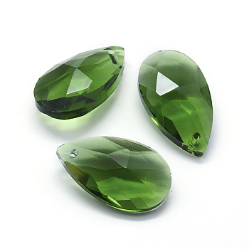 Faceted Glass Pendants, Teardrop, Light Green, 22x13x8.5mm, Hole: 1mm