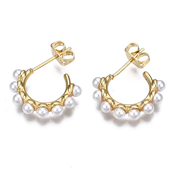 Brass Half Hoop Earrings, with ABS Plastic Imitation Pearl and Ear Nuts, Nickel Free, Letter C Shape, White, Real 16K Gold Plated, 17x3.5mm, Pin: 0.7mm