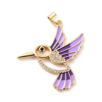 Brass Micro Pave Clear Cubic Zirconia Pendants, with Enamel, Long-Lasting Plated, Real 18K Gold Plated, Bird, Lilac, 33.5x31x2mm, Hole: 3x4mm