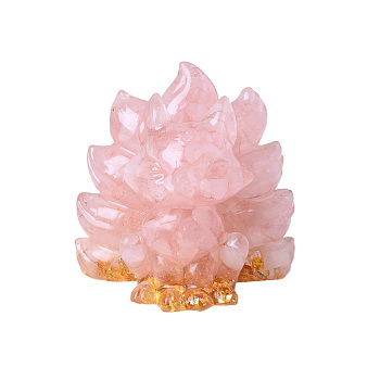 Resin Nine-tailed Fox Figurines, with Natural Rose Quartz Chips inside Statues for Home Office Decorations, 55x55x45mm