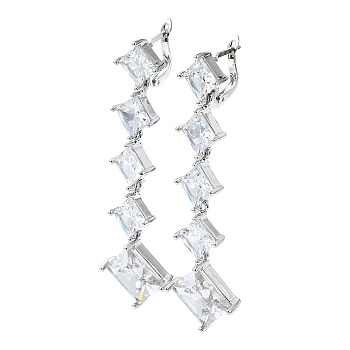 Rhombus Brass Micro Pave Cubic Zirconia Dangle Hoop Earrings, Long-Lasting Plated, Platinum, 66x18mm