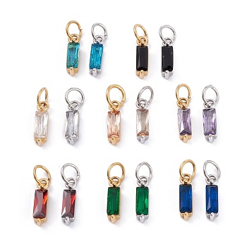 304 Stainless Steel Cubic Zirconia Pendants, Rectangle, Mixed Color, 17x4x4mm, Hole: 5mm