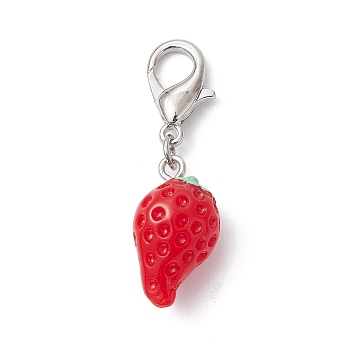 Opaque Resin Strawberry Pendant Decoration, with Alloy Lobster Claw Clasps, Red, 39mm