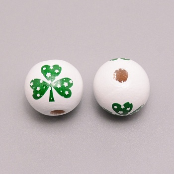 Wooden Beads, Printed, Clover, Green, 16mm, Hole: 4mm
