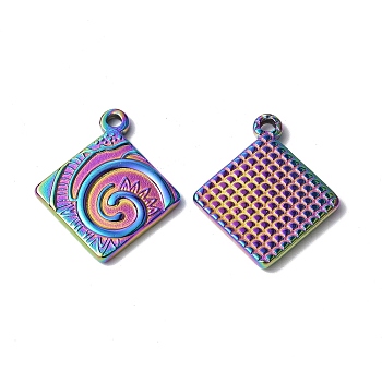 Ion Plating(IP) 304 Stainless Steel Pendants, Rhombus with Vortex Charm, Rainbow Color, 24.5x21x2.5mm, Hole: 1.8mm