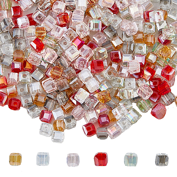 300Pcs 6 Colors Transparent Electroplate Glass Beads Strands, AB Color Plated, Faceted, Cube, Mixed Color, 4x4x4mm, Hole: 1mm, 50Pcs/color