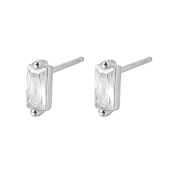 Cubic Zirconia Rectangle Stud Earrings, Silver 925 Sterling Silver Post Earrings, with 925 Stamp, Clear, 7.8x3mm