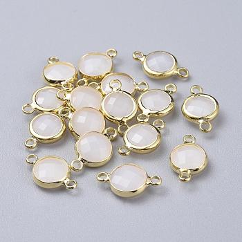 Golden Tone Brass Glass Links connectors, Faceted, Flat Round, White, 16x10.5x4mm, Hole: 1.5mm