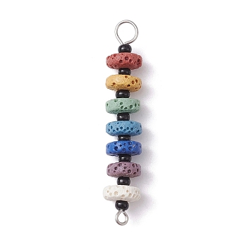 Chakra Natural Lava Rock Dyed Beaded Connector Charms, with Black Glass Seed Beads, Disc Links, Platinum, 45x8mm, Hole: 1.5mm and 4mm