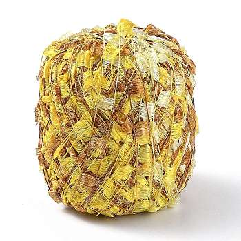 Polyester Fancy Yarn, Segment Dyed, Toothbrush Boucle Flag Knitting Yarn, Gold, 8x0.4mm