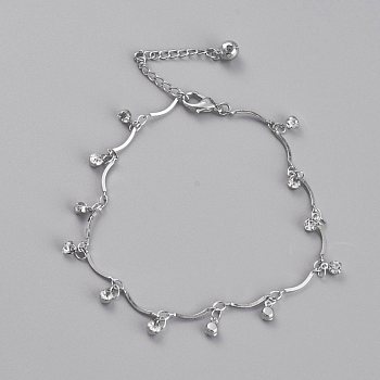 Brass Charm Anklets, with Bar Link Chains, Rhinestone and Bell Charms, Platinum, 8-1/2 inch(21.7cm)