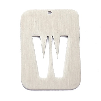 304 Stainless Steel Pendants, Rectangle with Alphabet, Hollow, Letter.W, 32x22x1mm, Hole: 1.5mm