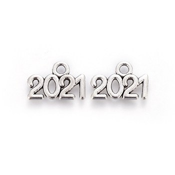 Tibetan Style Zinc Alloy Charms, New Year 2021, Antique Silver, 14.3x9.5x1.5mm, Hole: 1.6mm