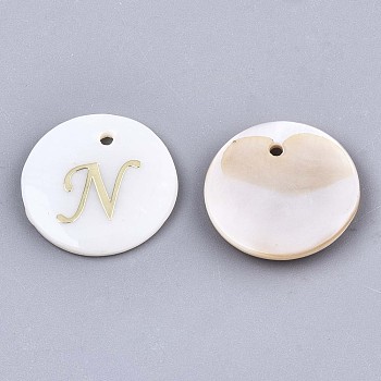 Natural Freshwater Shell Pendants, with Golden Plated Brass Etched Metal Embellishments, Flat Round with Letter, Letter.N, 15x2mm, Hole: 1.2mm