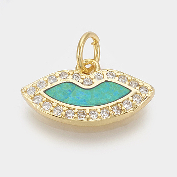 Brass Micro Pave Cubic Zirconia Charms, with Jump Rings & Resin, Lip, Clear & Dodger Blue, Golden, 8.5x15.5x2mm, Hole: 3mm