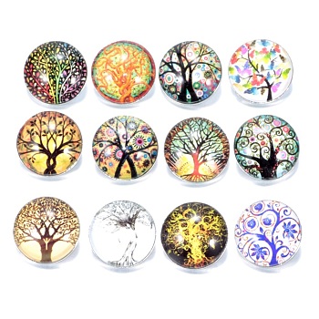Brass Jewelry Snap Buttons, with Glass Cabochons, Flat Round, Tree of Life Pattern, 18.5x9.5mm, Knob: 6mm