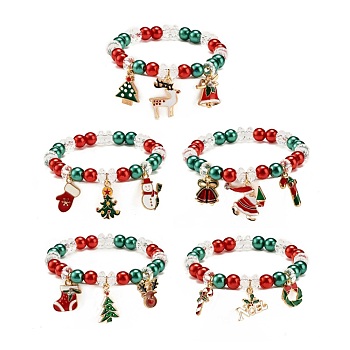 Acrylic Pearl Beaded Stretch Bracelet with Alloy Enamel Charms, Christmas Theme Jewelry for Women, Mixed Patterns, Inner Diameter: 2-1/8 inch(5.5cm)