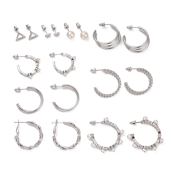 Ring & Triangle & Round Stud Earrings, Resin Pearl Beads Half Hoop Earrings, Open Hoop Earrings for Women, Platinum, 6~36x3~12mm, Pin: 0.8~0.9mm, 9 pairs/set
