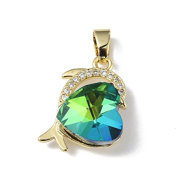 Real 18K Gold Plated Rack Plating Brass Micro Pave Clear Cubic Zirconia Pendants, with Glass, Long-Lasting Plated, Cadmium Free & Lead Free, Dolphin with Heart Charm, Light Green, 20.5x17x8mm, Hole: 5.5x3.5mm