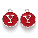 Platinum Plated Alloy Enamel Charms, Cadmium Free & Lead Free, Enamelled Sequins, Flat Round with Letter, Letter.Y, 14x12x2mm, Hole: 1.5mm(X-ENAM-S118-03Y-P)