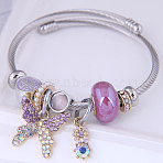 Adjustable Stainless Steel European Bangles, Charm Bangles for Women, Butterfly, with Alloy & Imitation Pearl & Resin, Medium Orchid, Inner Diameter: 2-1/8 inch(5.5cm)(FS-WG548C4-01)