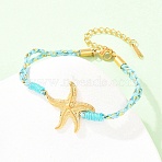 304 Stainless Steel Link Bracelets, Cotton Rope Braided Bracelets for Women, Real 18K Gold Plated, Light Sky Blue, 6.89 inch(17.5cm), Starfish: 25x24x2.5mm(BJEW-K303-02C)
