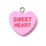 Opaque Resin Pendants, Heart with Word Sweet Heart Charm, with Platinum Iron Eye Pin, Pearl Pink, 20~21x19~19.5x4.5mm, Hole: 2mm(RESI-C079-04A-01)