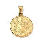 Religion Theme 304 Stainless Steel Pendants, with 201 Stainless Steel Snap On Bails, Ion Plating(IP), Golden, Flat Round with Saint Benedict, 23.5x20x2.5mm, Hole: 6x3.5mm(STAS-F336-06B-G)