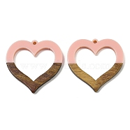 Resin and Walnut Pendants, Heart, Pink, 34.5x35x3mm, Hole: 2mm(WOOD-I013-09A)