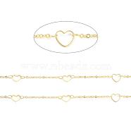 Handmade Brass Cable Chains, with Heart Link Ring and Spool, Soldered, Flat Oval, Long-Lasting Plated, Real 18K Gold Plated, 2x2x0.5mm, Heart: 6.5x7.5mm, about 32.8 Feet(10m)/roll(CHC-E020-02G)