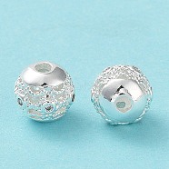Rack Plating Brass Micro Pave Clear Cubic Zirconia Beads, Long-Lasting Plated, Cadmium Free & Lead Free, Hollow, Round with Lion Dancing, Silver, 10mm, Hole: 2.5mm(KK-B078-10B-S)