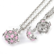 Brass Enamel Pendant Necklaces, Iron Rolo Chains, Round with Star Pattern, Pearl Pink, 31.69 inch(805mm)(NJEW-G089-06P-02)