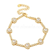 Rack Plating Brass Pave Clear Cubic Zirconia Heart Link Chain Bracelets, Long-Lasting Plated, Lead Free & Cadmium Free, Real 18K Gold Plated, 7-1/8 inch(18cm)(BJEW-Q347-04G)