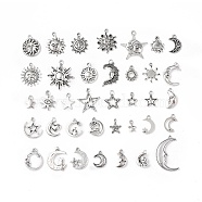 Tibetan Style Alloy Pendants, Sun & Moon & Star Charms, Antique Silver, 11~32x8~24x1.5~4mm, Hole: 1.8mm, 35pcs/set(X1-PALLOY-B014-11)