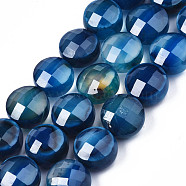 Natural Agate Beads Strands, Dyed, Faceted, Flat Round, Royal Blue, 9.5~10.5x9.5~10.5x6~8mm, Hole: 0.7~1.2mm, about 38pcs/strand, 14.37 inch~15.24 inch(36.5cm~38.7cm)(G-S359-366D)