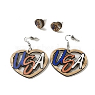Heart with Word USA Wood Studs & Dangle Earrings Set, 316 Steel Needle Jewelry for Women, Heart, 60x45.5mm(SJEW-K002-02)