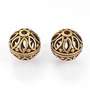 Brass Beads, Hollow, Round with Flower, Brushed Antique Bronze, 16mm, Hole: 3mm(KK-K176-22AB)